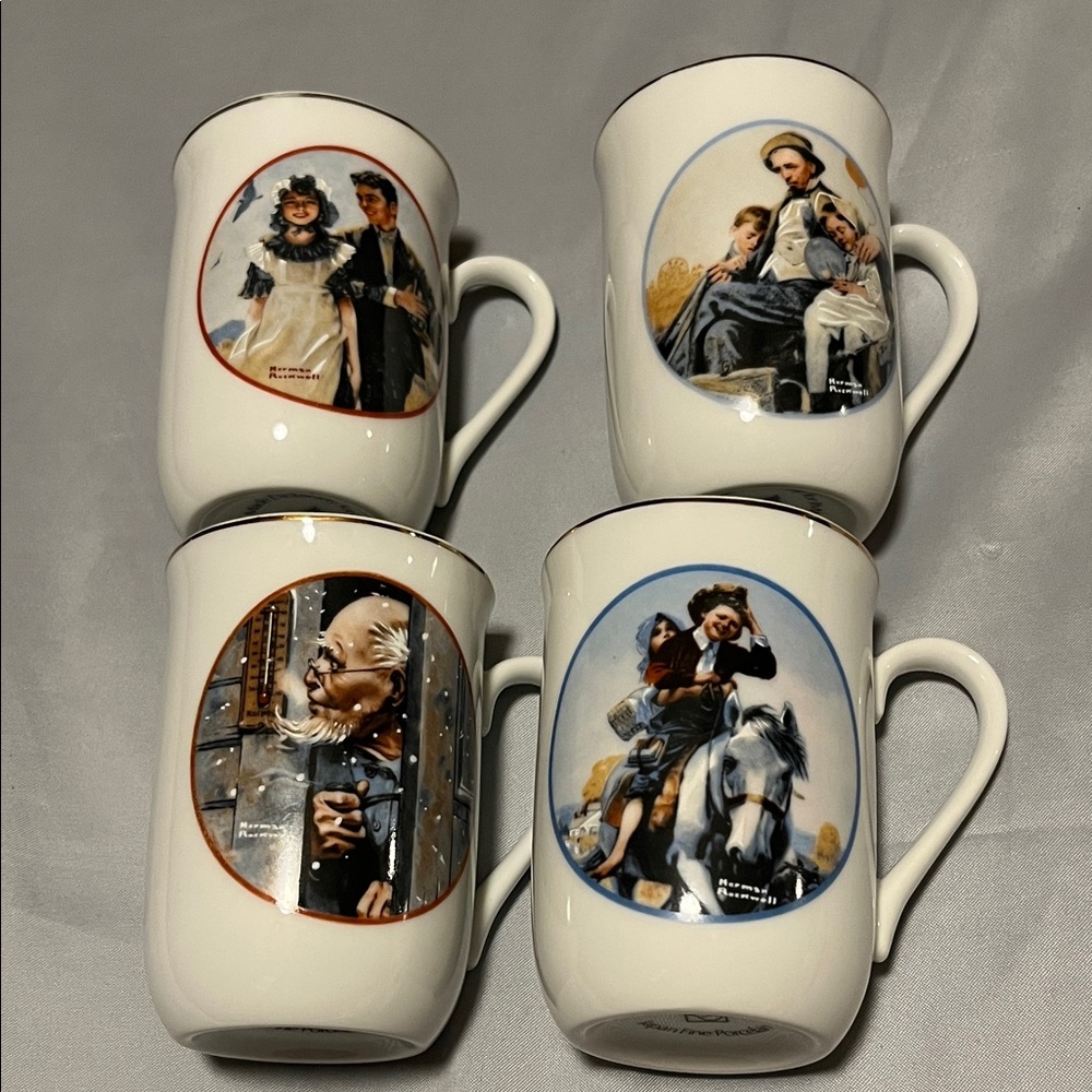 NORMAN ROCKWELL Vintage Fine Porcelain 4 Mug Set Japan Made exclusively for IMM